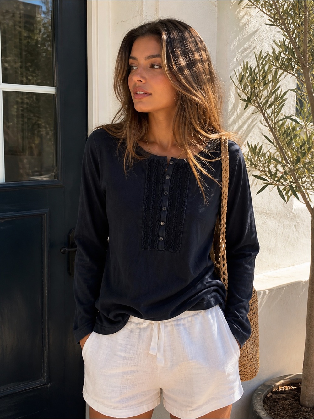 L.L.Bean Navy Ruffle Front Henley Top Long Sleeve Cotton Modal XL Classic 🔥